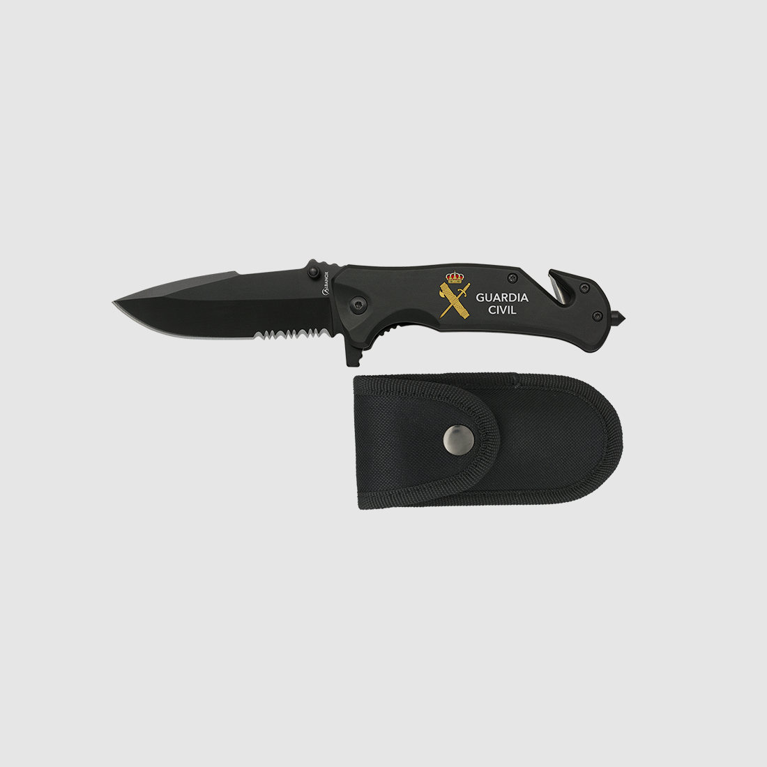 ALBAINOX coltello tascabile nero con sega, logo GC