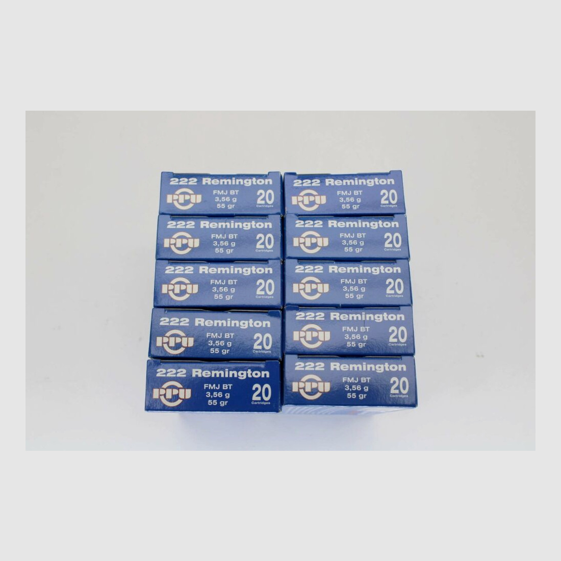 200 Schuß PPU .222Rem mit 3,56gramm 55gr. FMJ RN 10x20er Pack