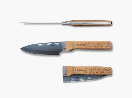nCamp Premium Couteau de Cuisine (Lame 9cr18Mov/Poignée en Hêtre) avec Poche en Nylon