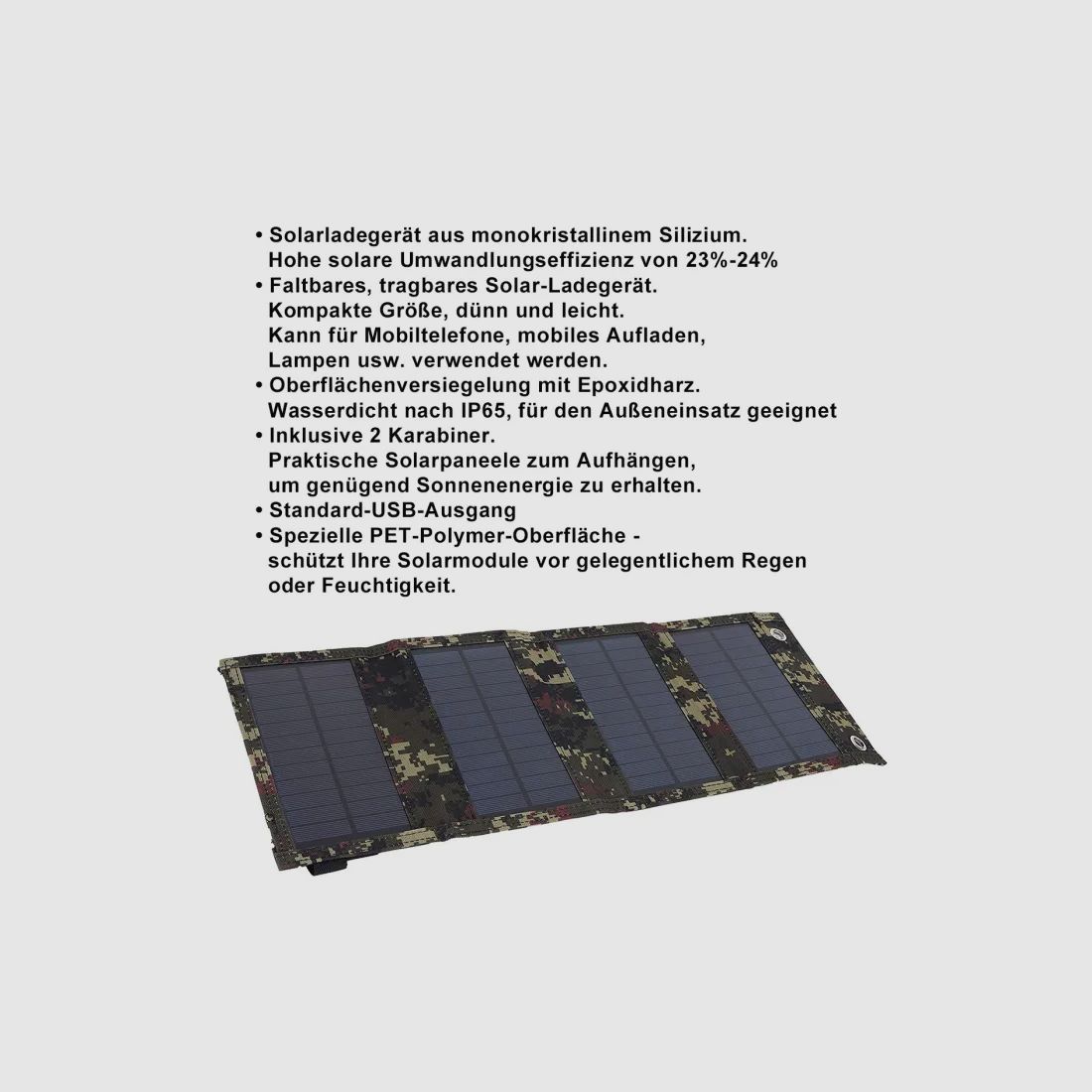Pequeño panel solar plegable con conexión USB de 10-20 vatios en camuflaje digital verde
