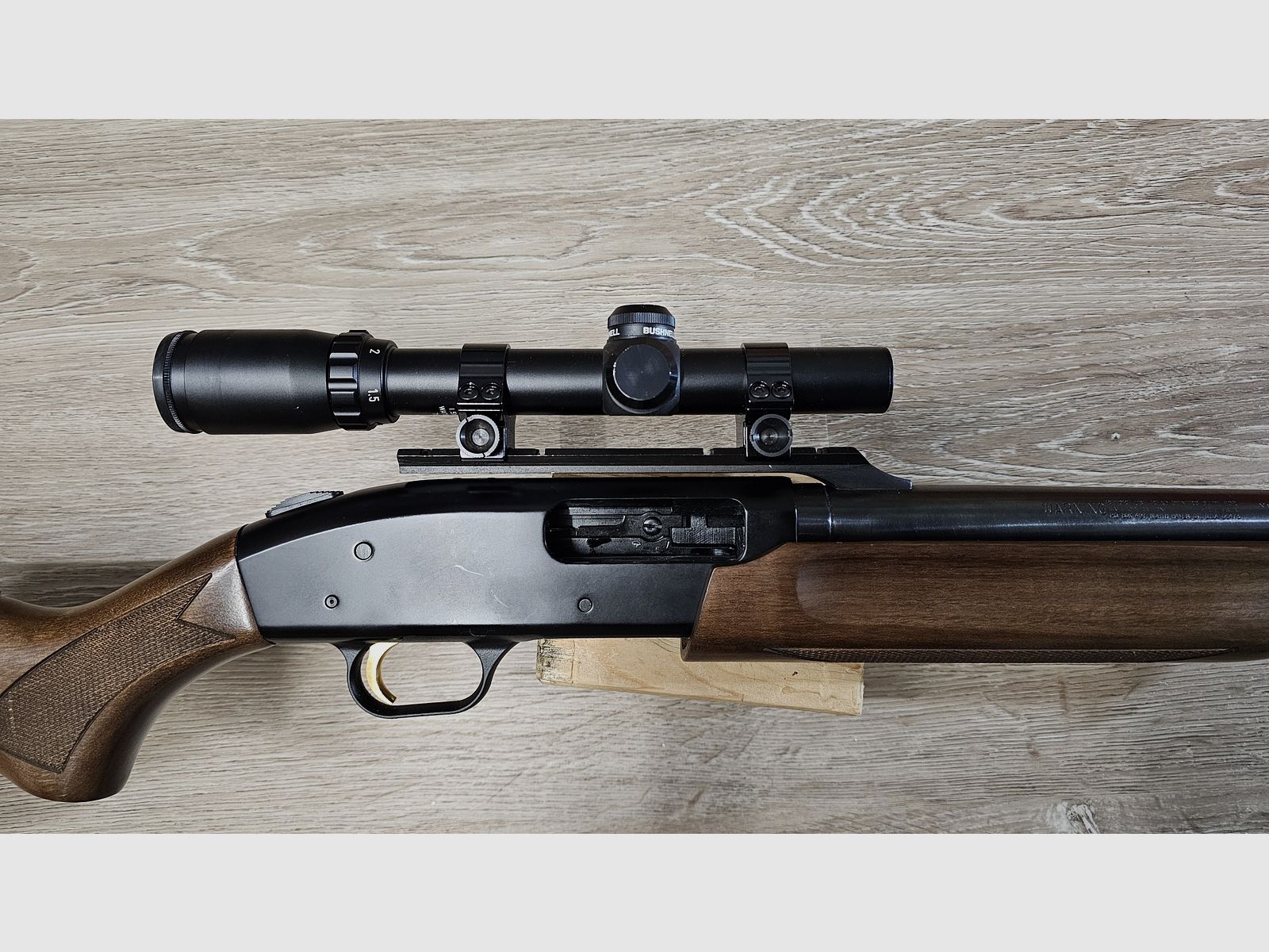 Mossberg 500A caliber 12/76, forend repeater, pump shotgun, rifled barrel with Bushnell scope