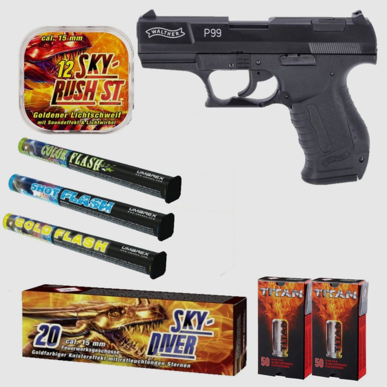 Paquete de fuegos artificiales de Nochevieja Walther P99 Pistola de fogueo 9 mm P.A.K. negra