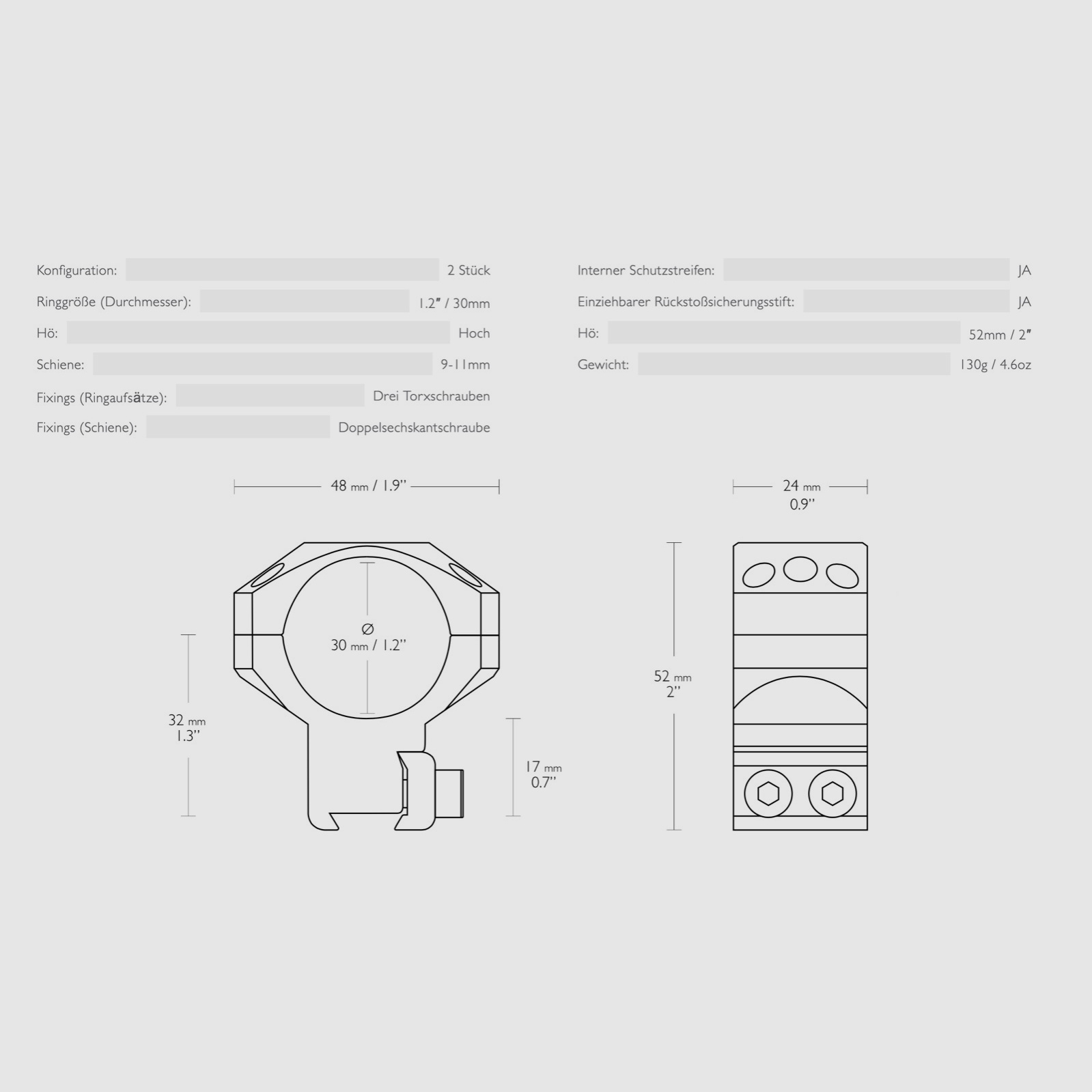HAWKE 24107 taktische Ringmontage für Zielfernrohr 9-11mm Hoch 30 mm 2 Stück