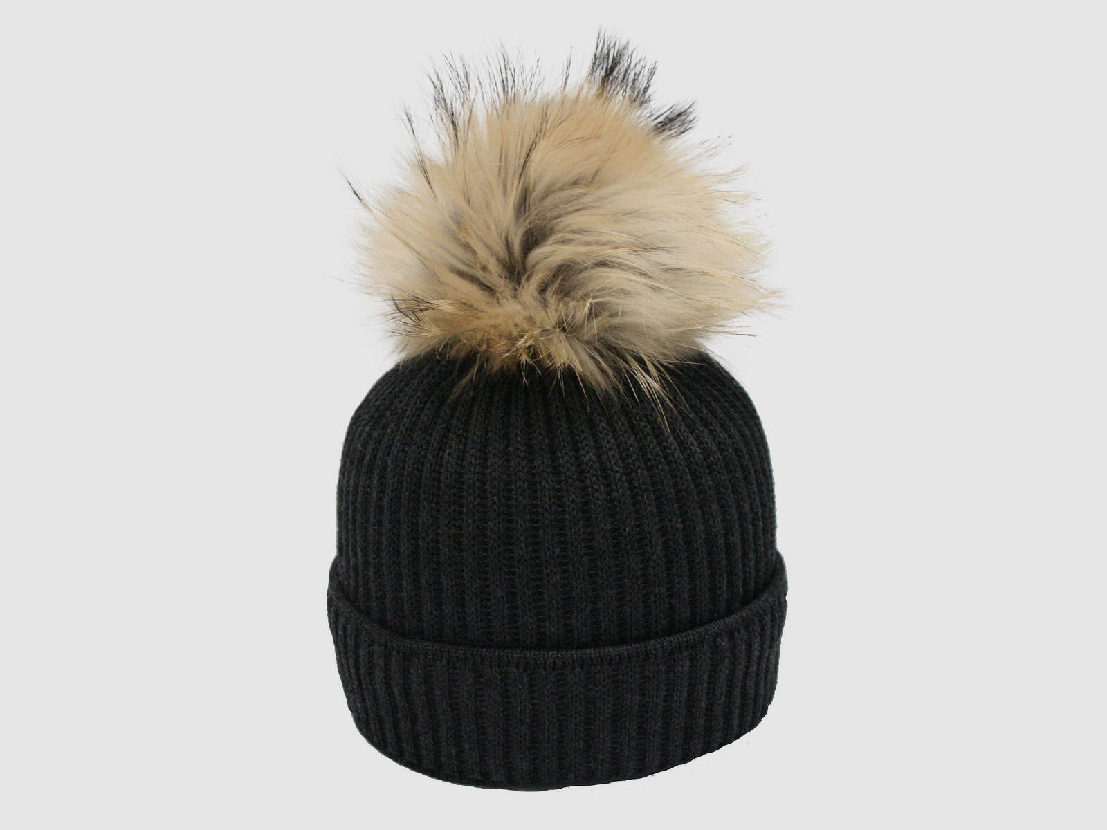 Cappello in maglia Merino con pompon in pelliccia vera e motivo a coste