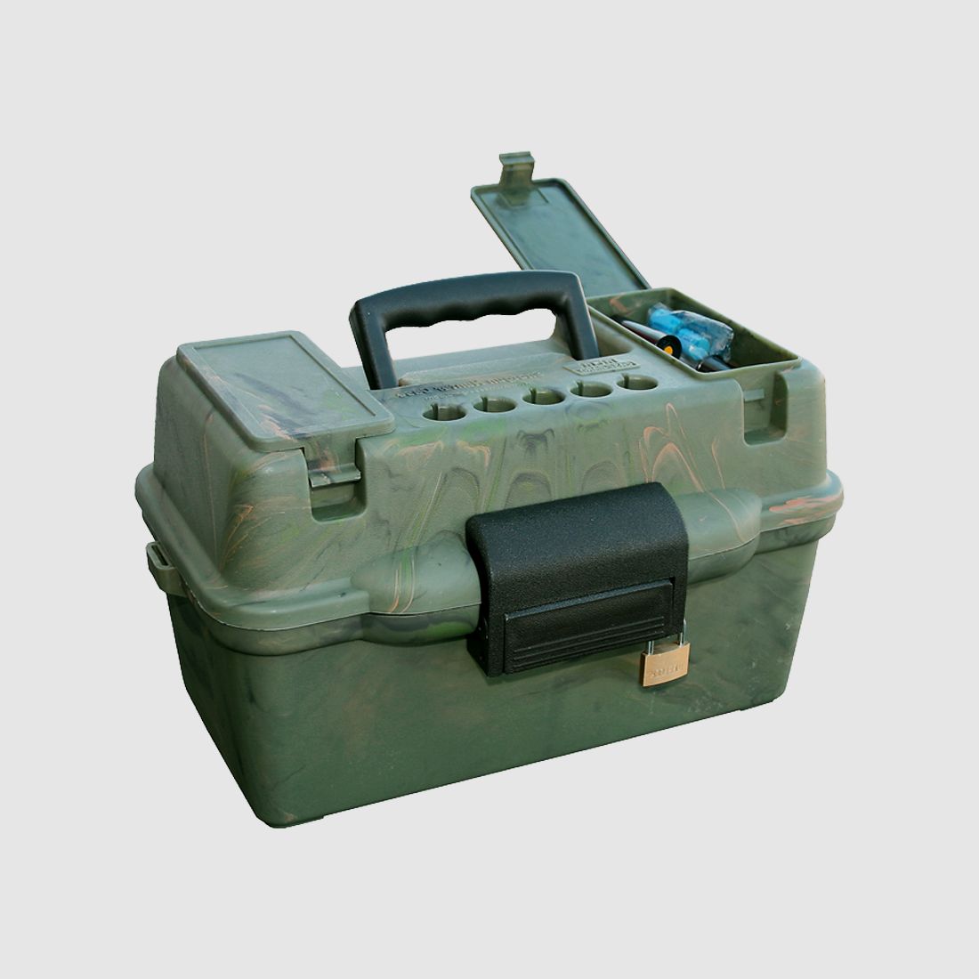 MTM Deluxe Scatola per cartucce a pallini SF-100D-09 camo con manico per il trasporto per 100 cartucce a pallini .12 / .20
