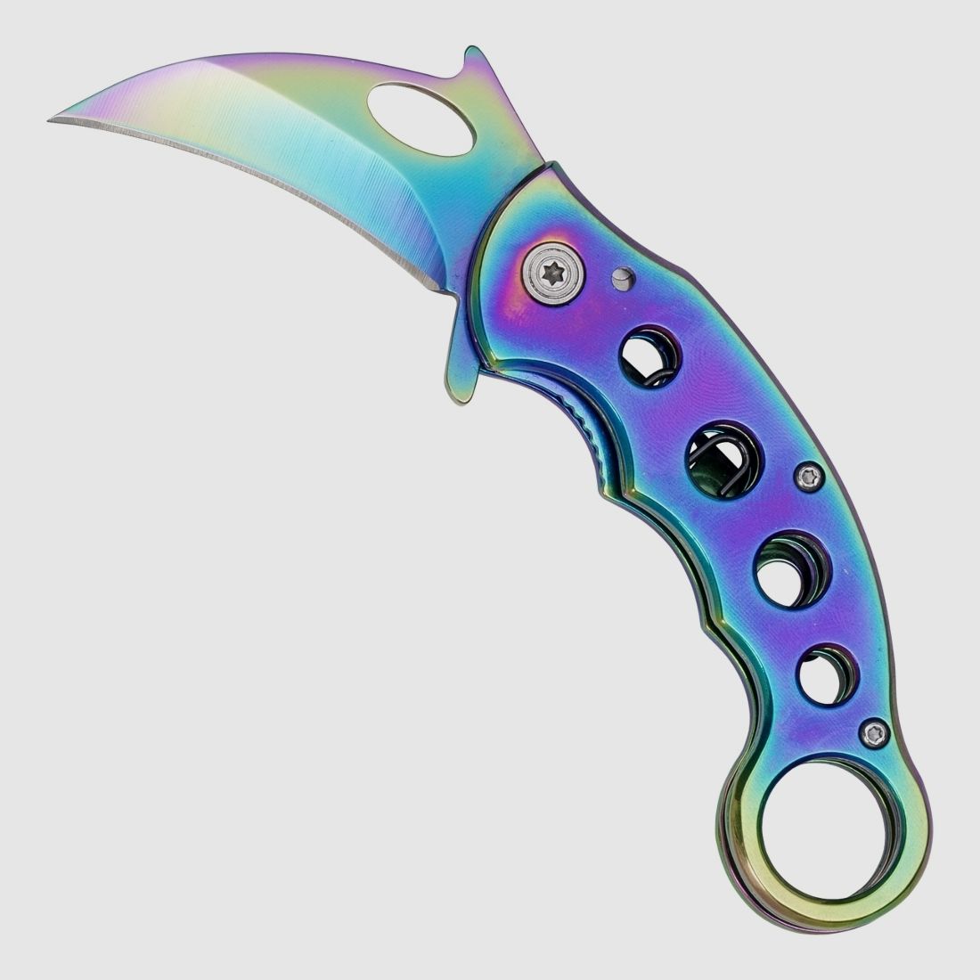 Cuchillo de bolsillo Karambit con recubrimiento arcoíris y anillo para el dedo