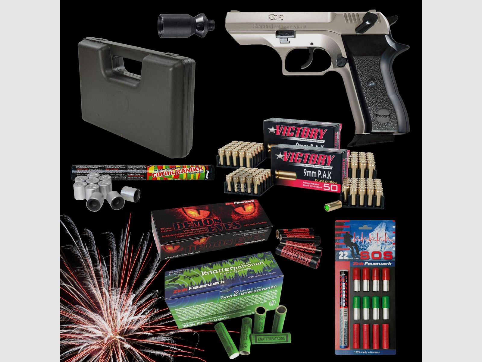 SILVESTER MEGASET !!! Schreckschuss - Pistole - RECORD Modell COP VN. - 9 mm P.A.K. inkl. Koffer, 100 Platzpatronen & 102 Schuss Effektmunition