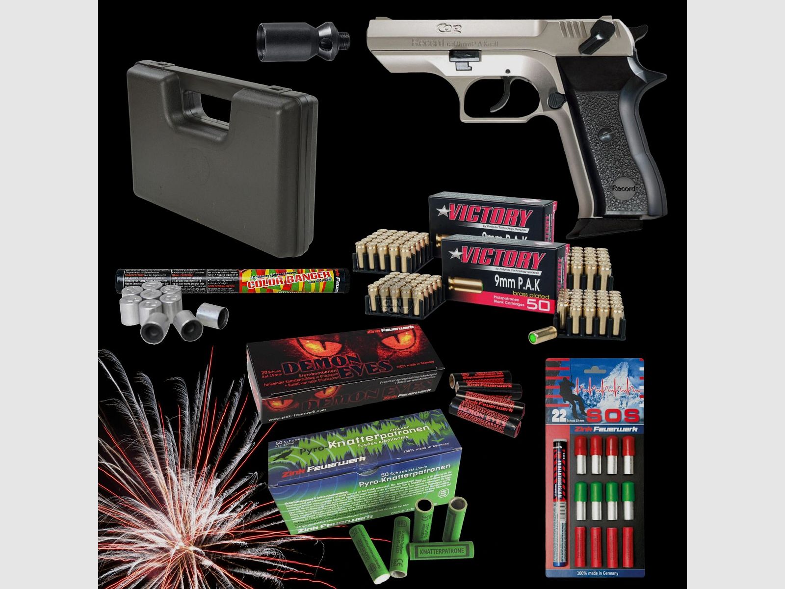 SILVESTER MEGASET !!! Schreckschuss - Pistole - RECORD Modell COP VN. - 9 mm P.A.K. inkl. Koffer, 100 Platzpatronen & 102 Schuss Effektmunition