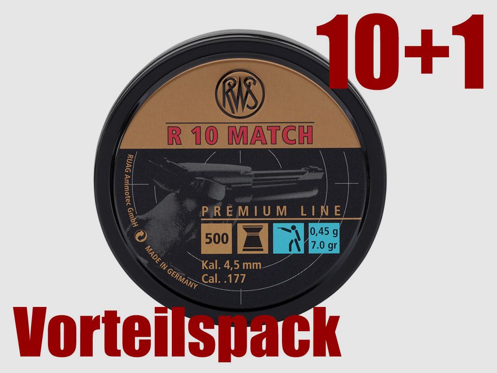 10+1 GRATIS x 500 StĂĽck RWS R 10 Match Diabolo, Flachkopf, fĂĽr Luftpistole, 0,45 g, Kaliber 4,50 mm