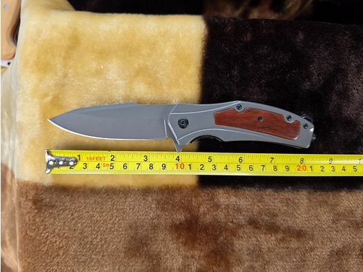 Couteau pliant tactique avec incrustation en bois, clip ceinture & flipper (couteau à une main / EDC)
