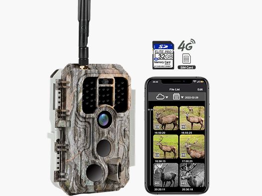 4G LTE Wildkamera Fotofalle Wildtierkamera mit SIM-Karte 120° Bewegungserkennung 32MP 1296P Nachtsicht IP66 wasserdicht und 32GB SD Karte A390G