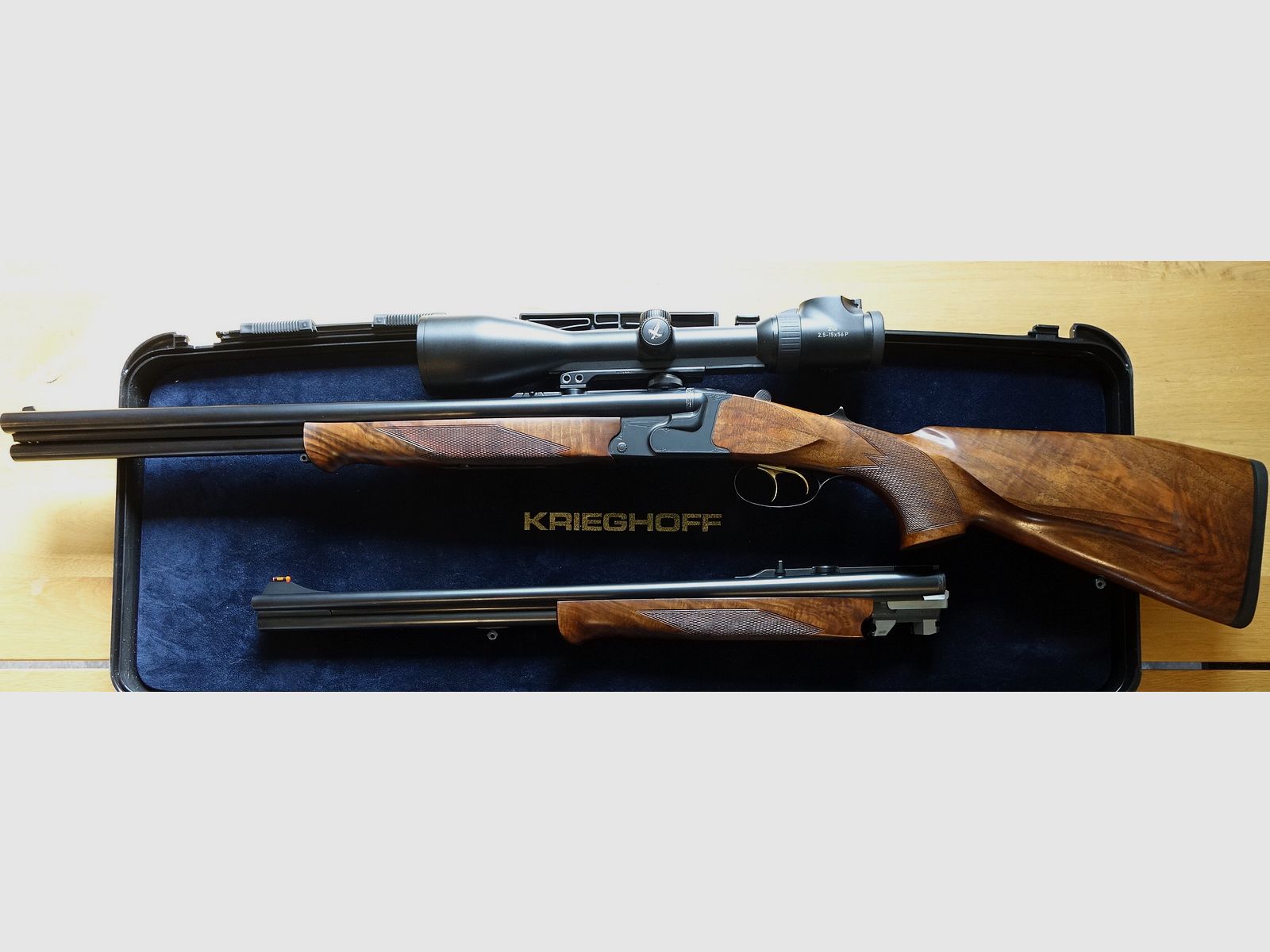 Krieghoff Optima TS Drilling in 8x57 IRS - 20/76 - detachable barrel .22 Hornet incl. second barrel set DBD 9.3x74R-20/76 incl. Swarovski Z6i 2.5-15x56