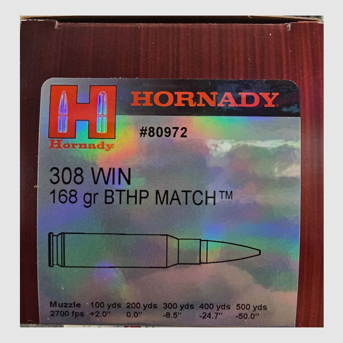 Hornady Match 308Win 168gr BTHP .308 WIN 168GR BTHP MATCH - 500 rounds available immediately +50€ ADR shipping