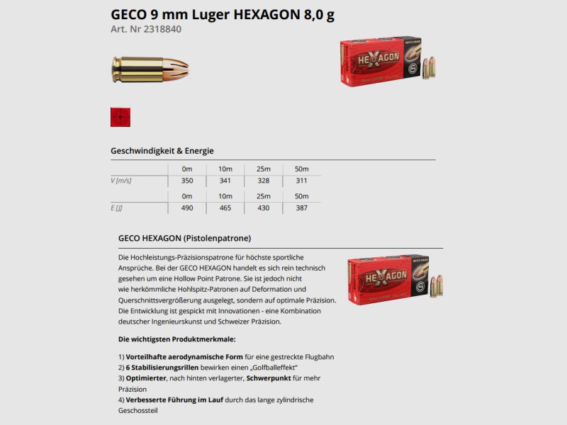 GECO Pistolenmunition 9mmLuger HEXAGON 50 Stk  124grs/8,0g