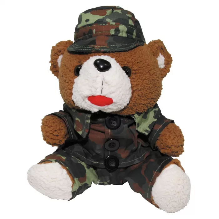 Teddybeer met pak en muts, vlekkenpatroon, ca. 28 cm hoog