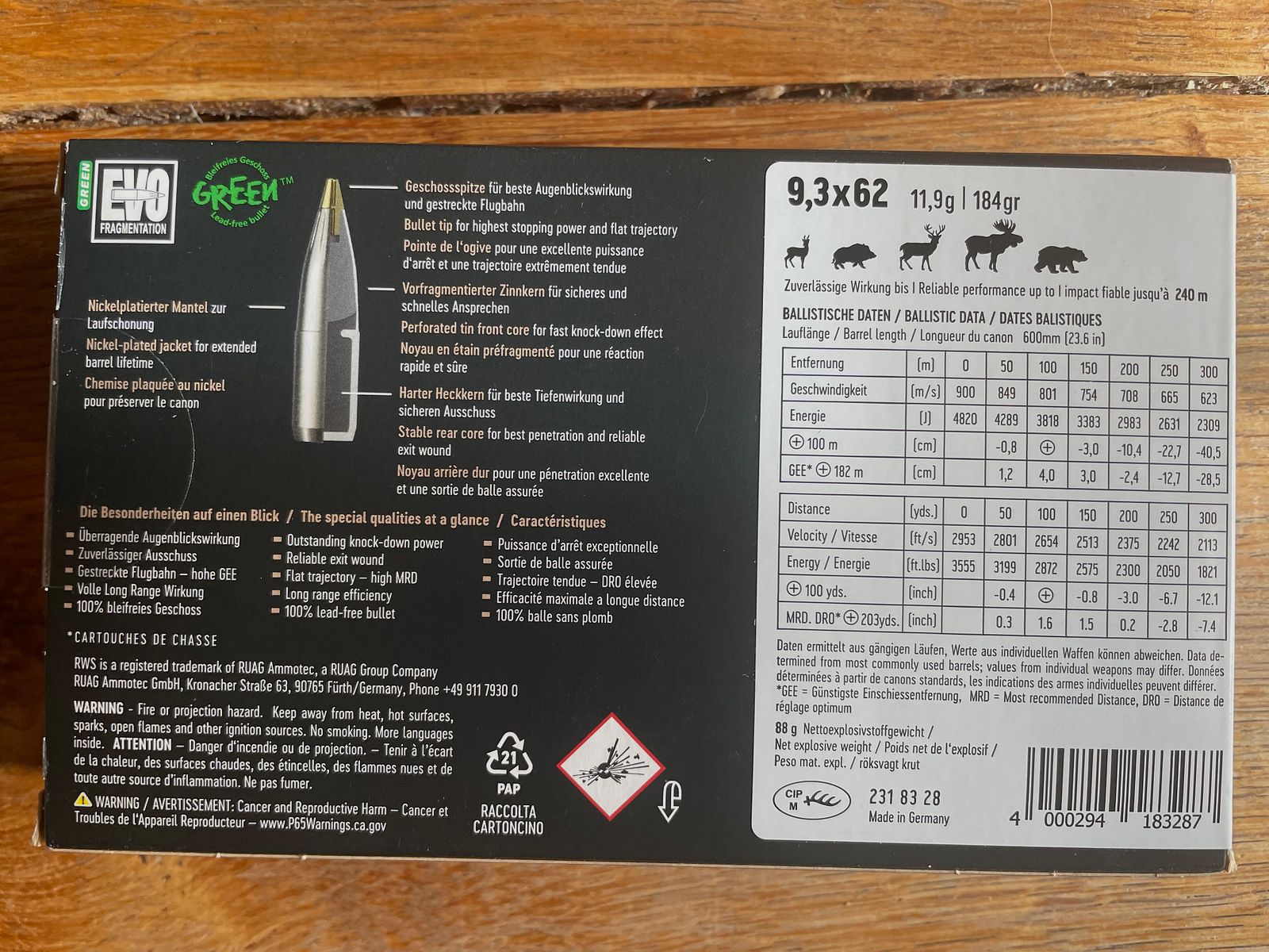 RWS Evo Green 9.3x62 11,9g/184gr Jagdpatrone - 37 Stück