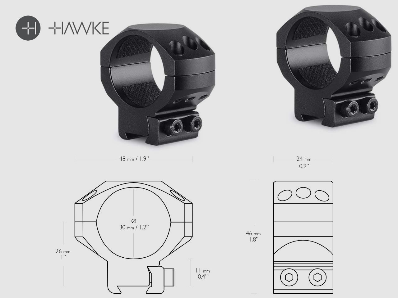 HAWKE Zielfernrohrmontage, Ringmontage (Paar), 9-11 mm Schiene, 30 mm Durchmesser, Alu, mittel