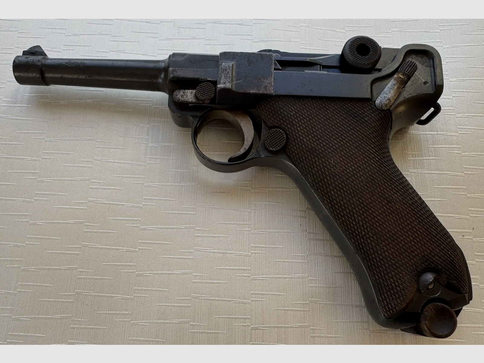 Luger P.08 (DWM 1916) zestaw kompletny z numerem seryjnym: pistolet, magazynek i skórzany kabura, zdjęcie 1 z 6