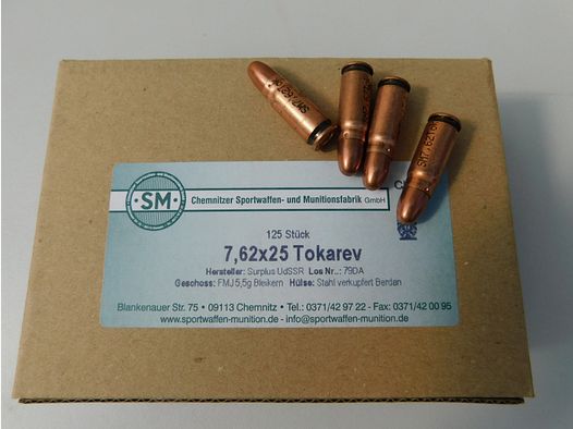 7,62x25 Tokarev Surplus Patronen 125 Stk.