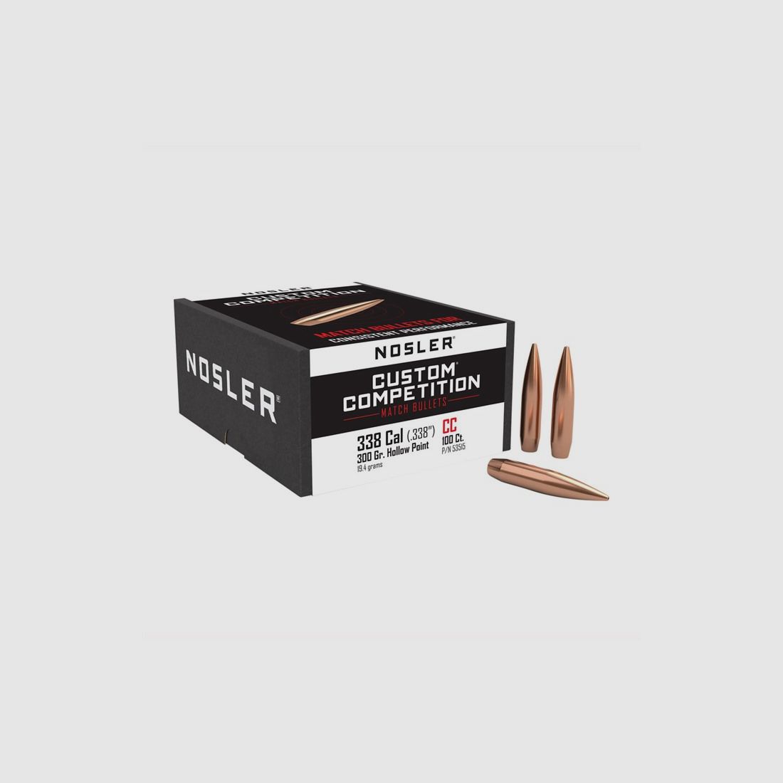 NOSLER 338 CALIBRO (0,338″) 300GR HOLLOW POINT BOAT TAIL 100/BOX, immagine 2 di 2