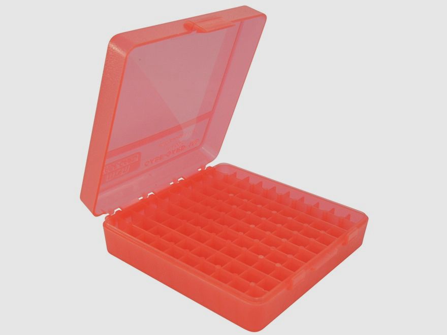 MTM scatola per cartucce P-100-9-29 rossa trasparente con coperchio a ribalta per 100 cartucce 9mm e altro.