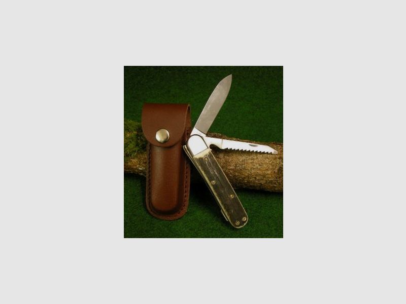 JAGDMESSER original " LEEGEBRUCH " 2-Teilig Säge & Klinge mit Hirschhorngriff und Lederscheide Klinge 440 Stahl feststehend