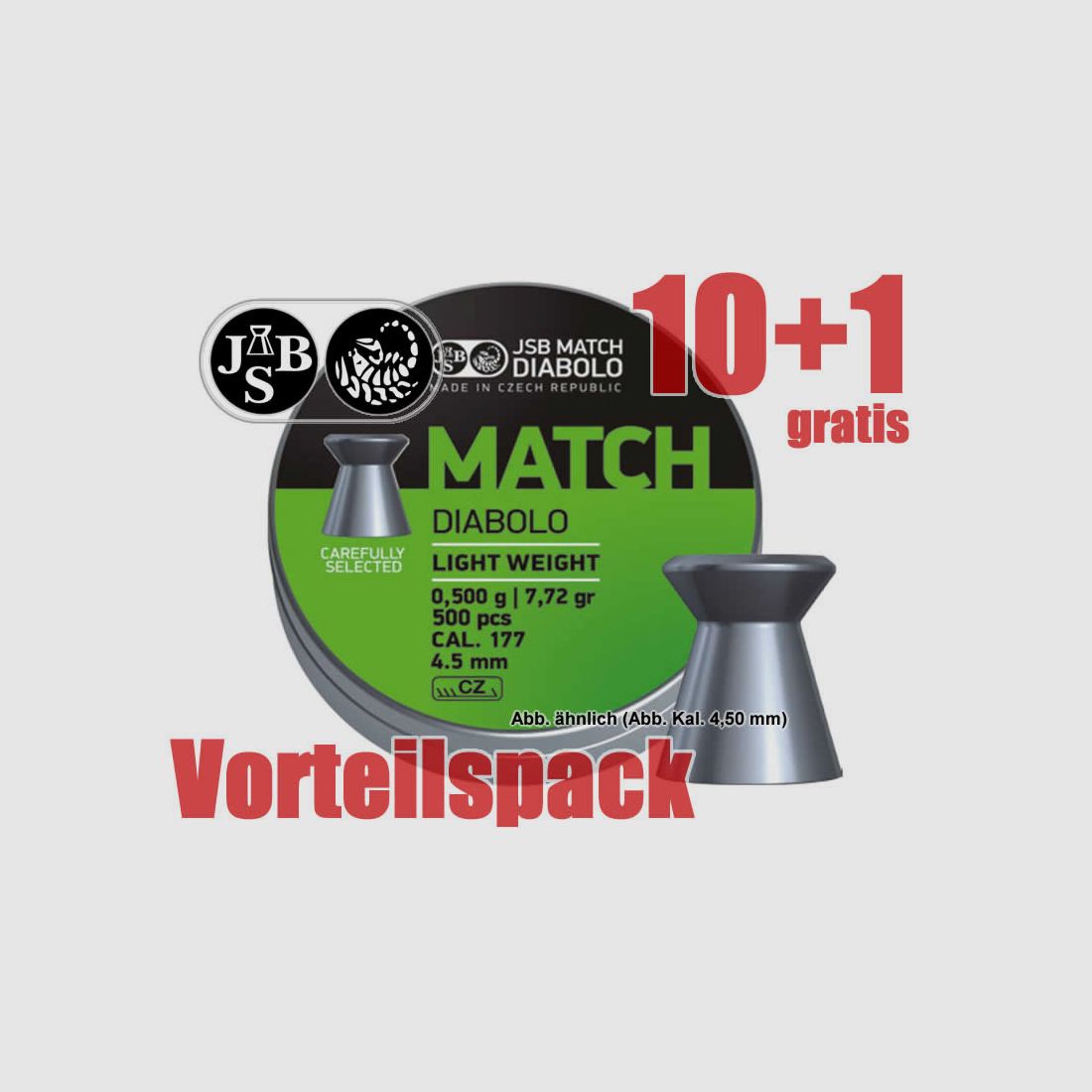 10+1 GRATIS x 500 St. Match-Diabolo JSB MATCH LIGHT Pistole, Kal. 4,49 mm, 0,5 g