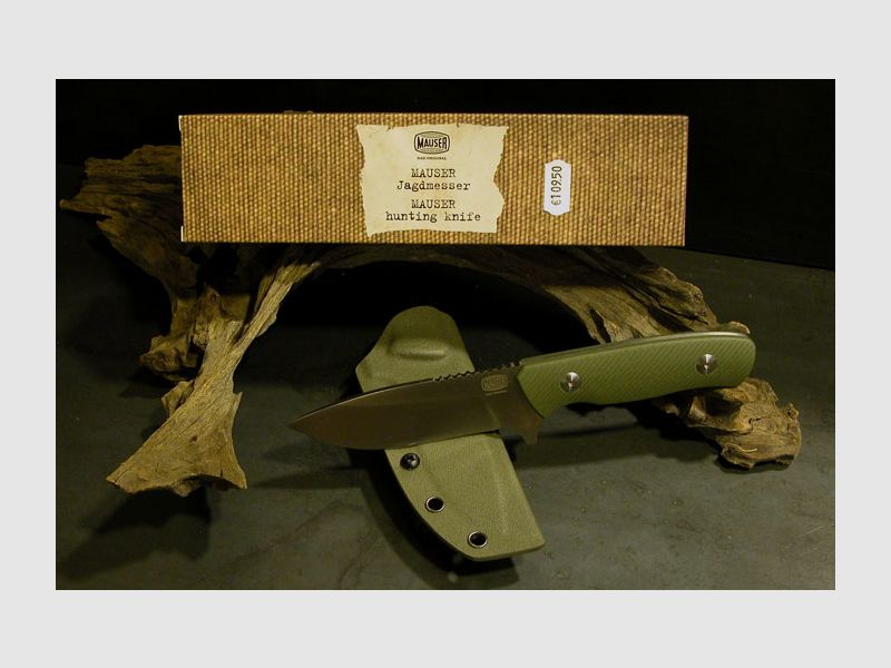 Couteau de chasse Mauser en acier 14C28N avec étui en Cydex, poignée en G10-polymer vert olive + boîte cadeau