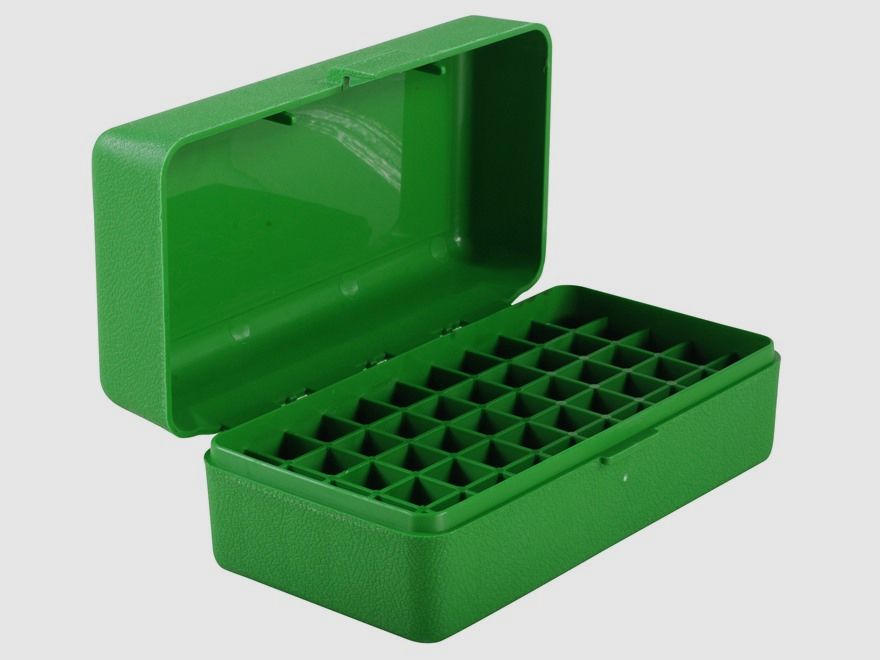 MTM cartridge box RSLD-50-10 green with flip lid for 50 cartridges .500 S&W and others.