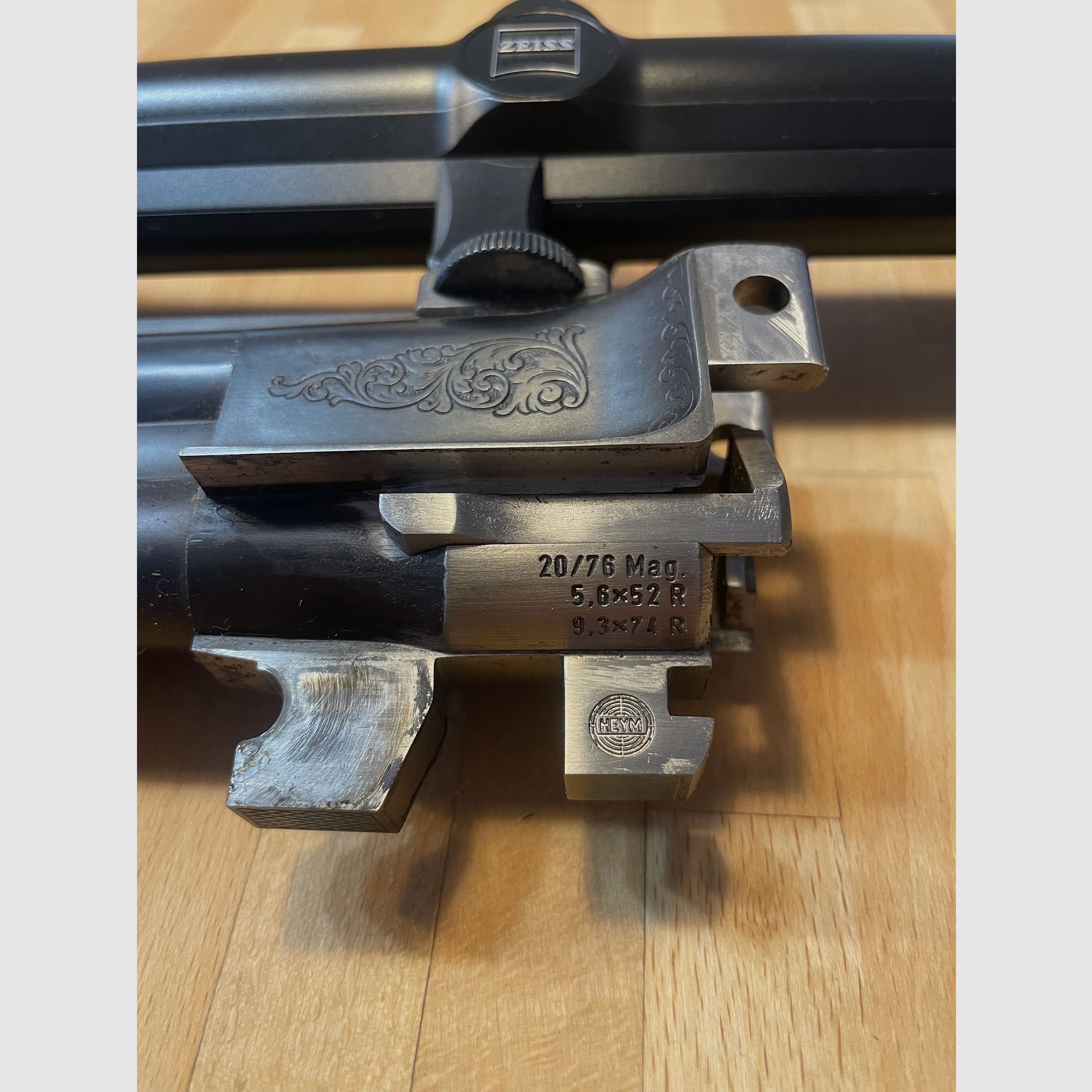 Heym Bockdrilling calibre 9,3 x 74 R, 5,6 x 52 R, 20/76 con Zeiss Diavari-ZM 3-12x56 T*