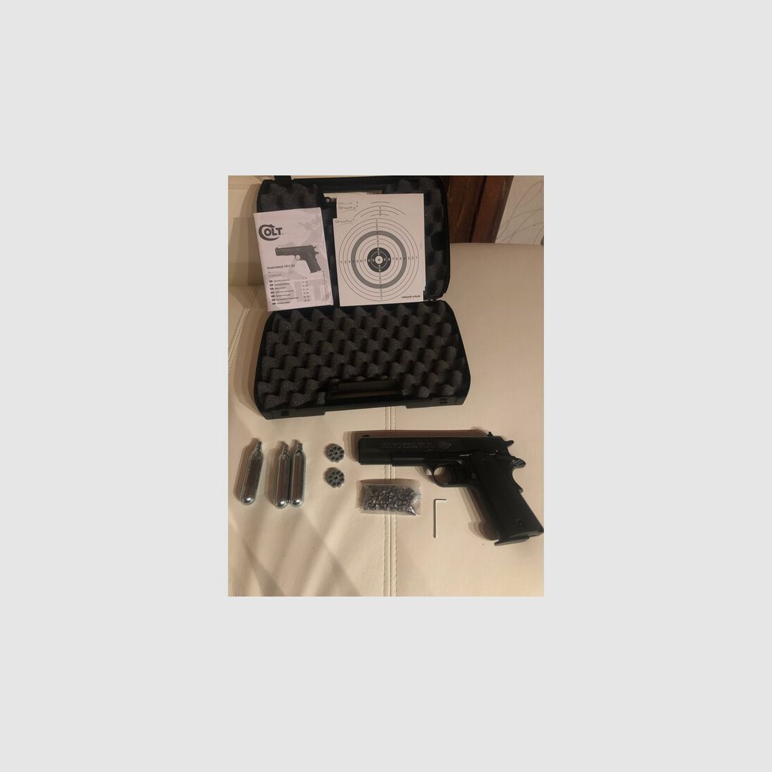 Colt Government M1911 A1, co2 Pistole Brüniert,4,5mm, Diablo ,2 co2 Kapseln,org. Koffer