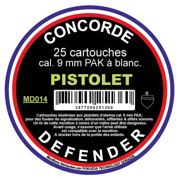 25 Cartouches A Blanc Concorde Defender 9 MM Pour Pistolet