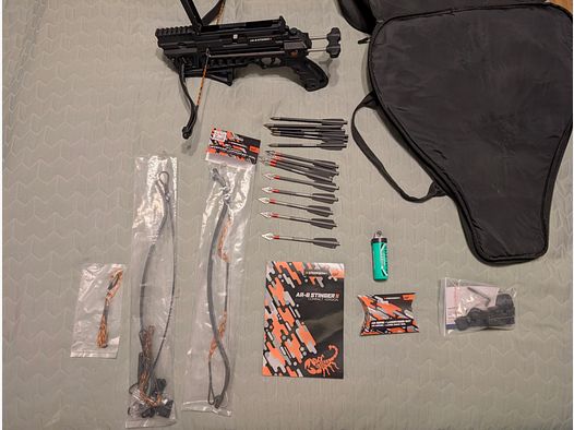 Steambow Stinger 2 Compact - Complete set with a lot of accessories (35/55/75 LB), reflex, laser, 15 bolts (carbon), foregrip