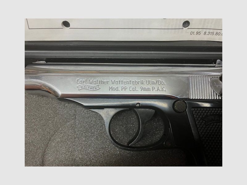 Walther PP chrome poli, calibre : 9 mm P.A.K., PTB n° 620, inutilisé