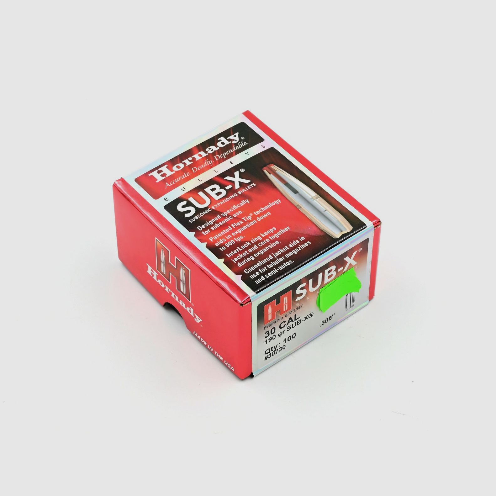 Büchsengeschosse, Hornady .308 SUB-X, 190gr, 100 Stk, .308 Win.