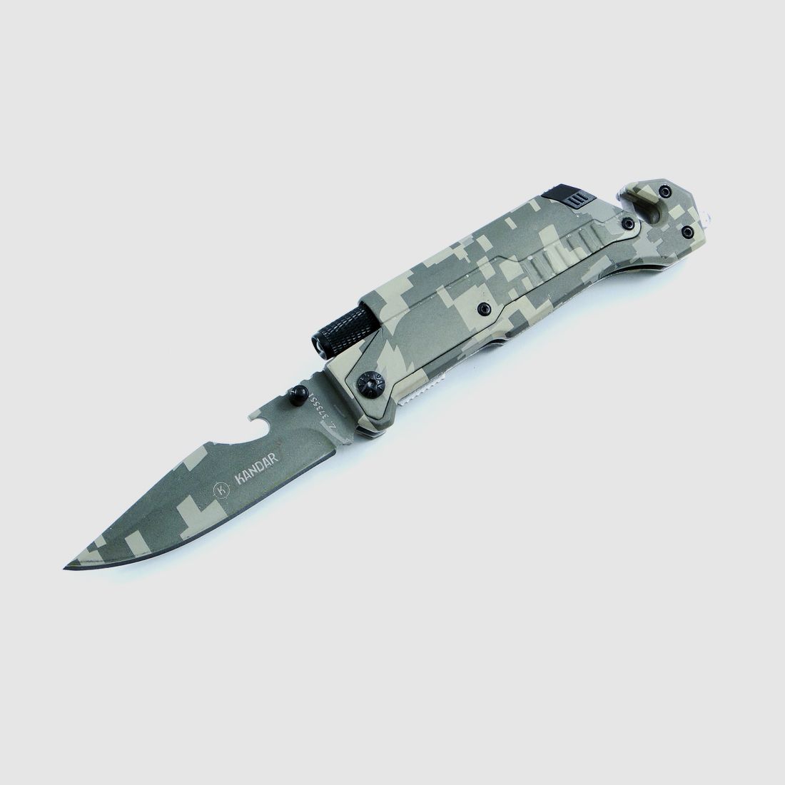 Kandar reddingsmes, inklapbaar, type 9, met zaklamp en firesteel, pixelcamouflage