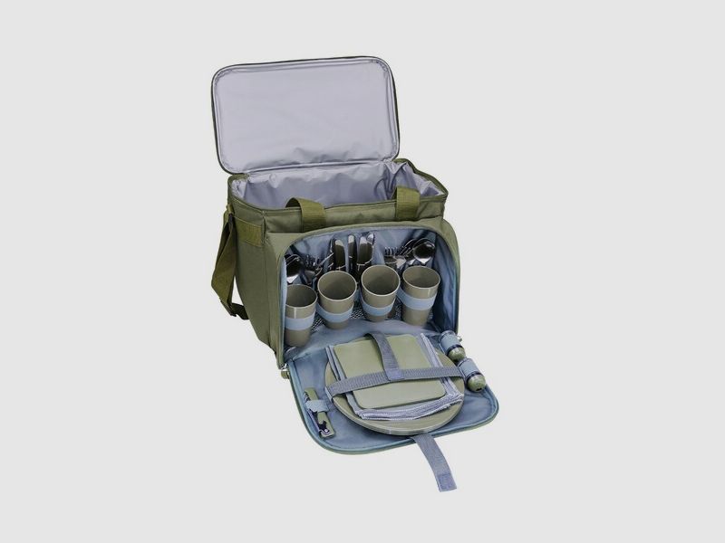 Picknick Kühltasche mit Geschirr + Besteck für 4 Personen - Oliv