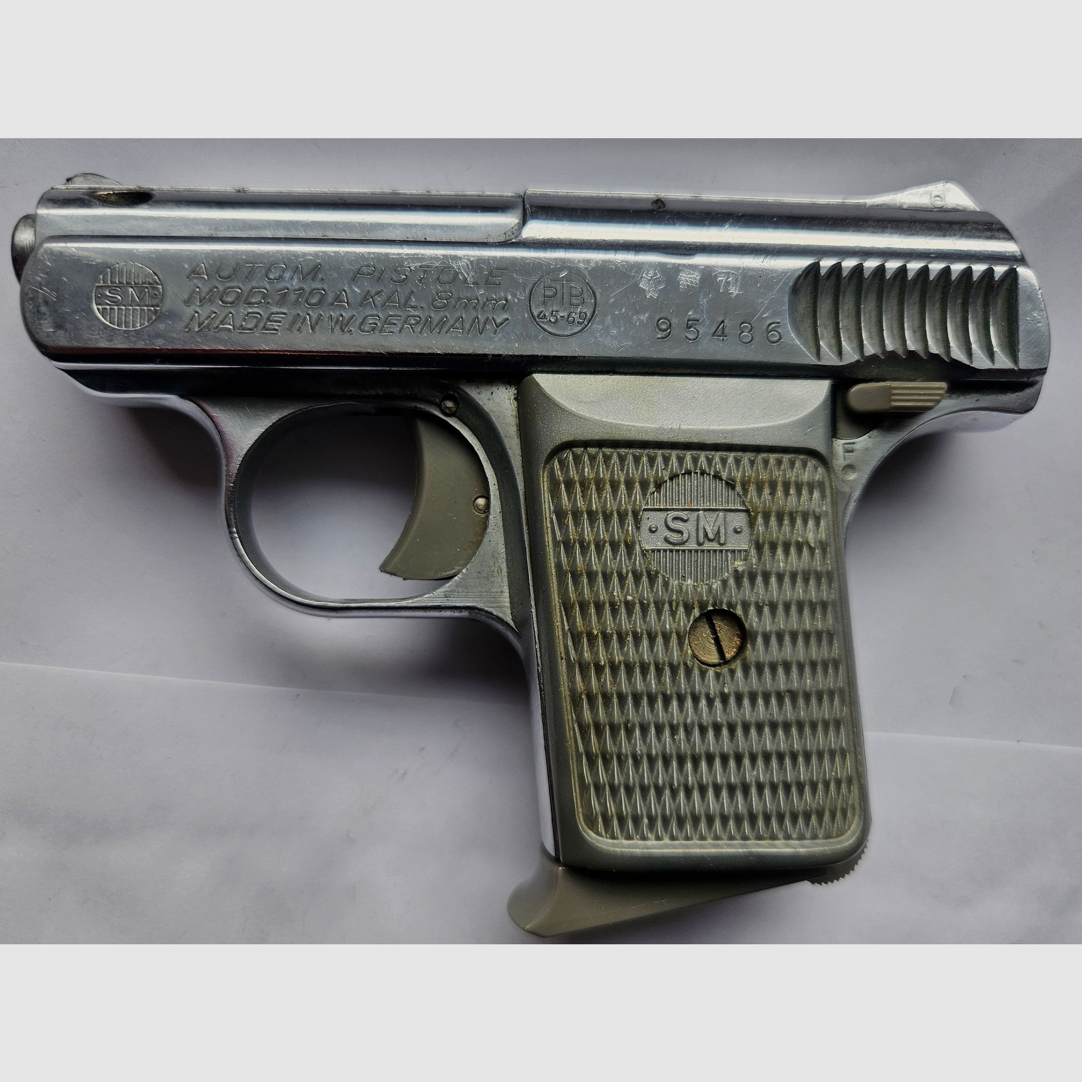 Seltene & hochwertige SM Mod.110A CHROM Kal.8mm PTB 45-69. Beschuss 1969