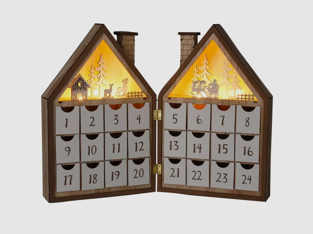 Haus Adventskalender Holz Pappel 30cm 24 Schubladen LED weiß, Bild 1 von 2