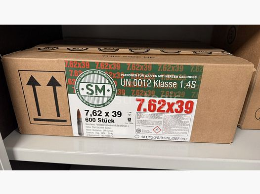 Patronen 7,62 x 39 Surplus - SM 600 Schuss - Ursprungsland Bulgarien, lackierte Stahlhülse Berdan, Geschoss 8,0 gr. Weichkern, verpackt zu je 75/600 Patronen in UN BOX mit CIP