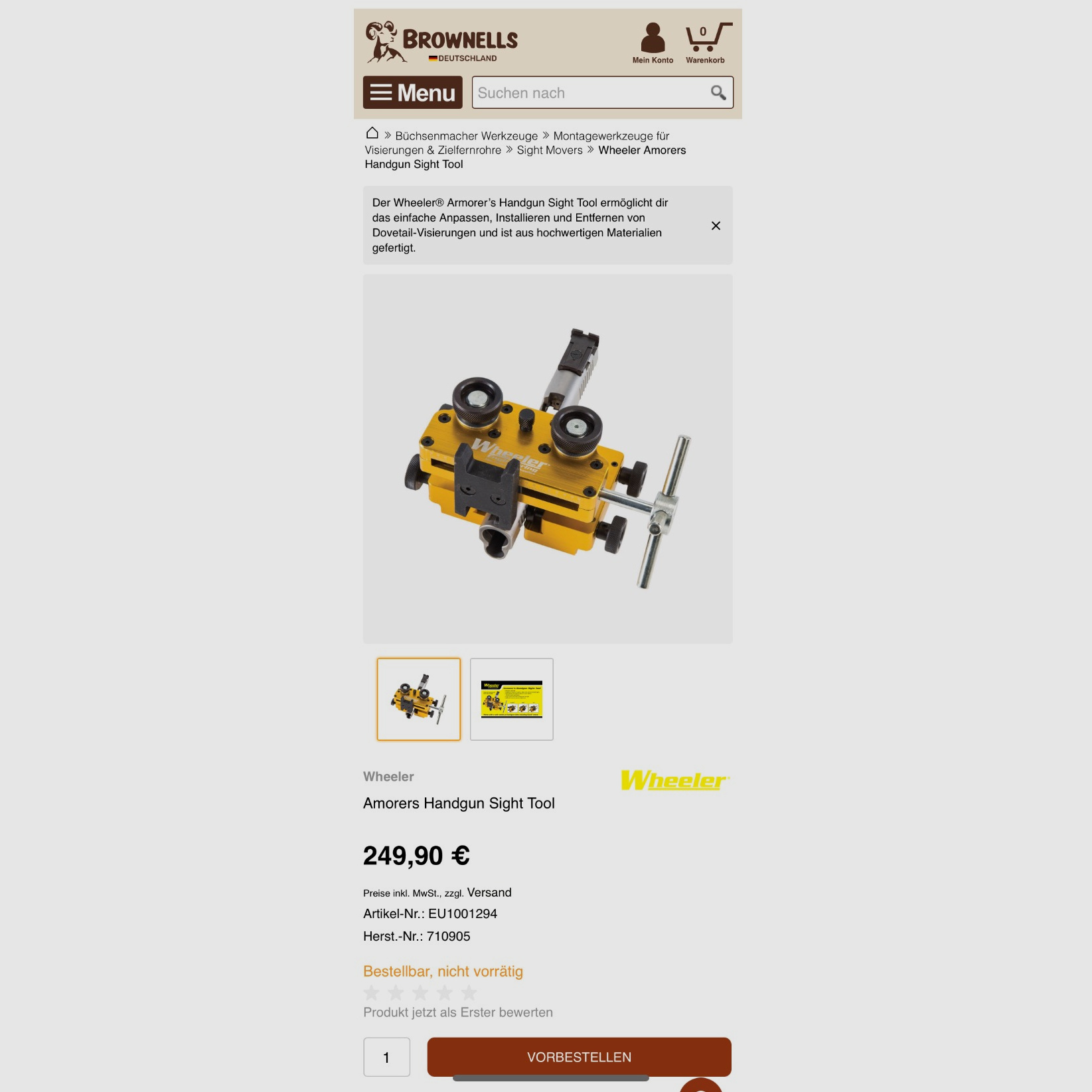 Montagewerkzeug für Visierungen & Zielfernrohre  - Sight Movers - Wheeler Armorers Handgun Sight Tool