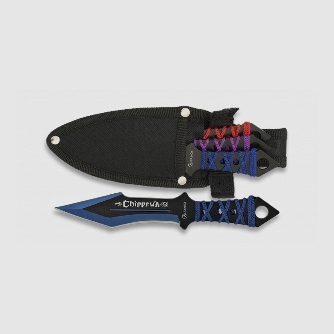 3x throwing knife 17cm with asymmetric blade colorful wrapping and case