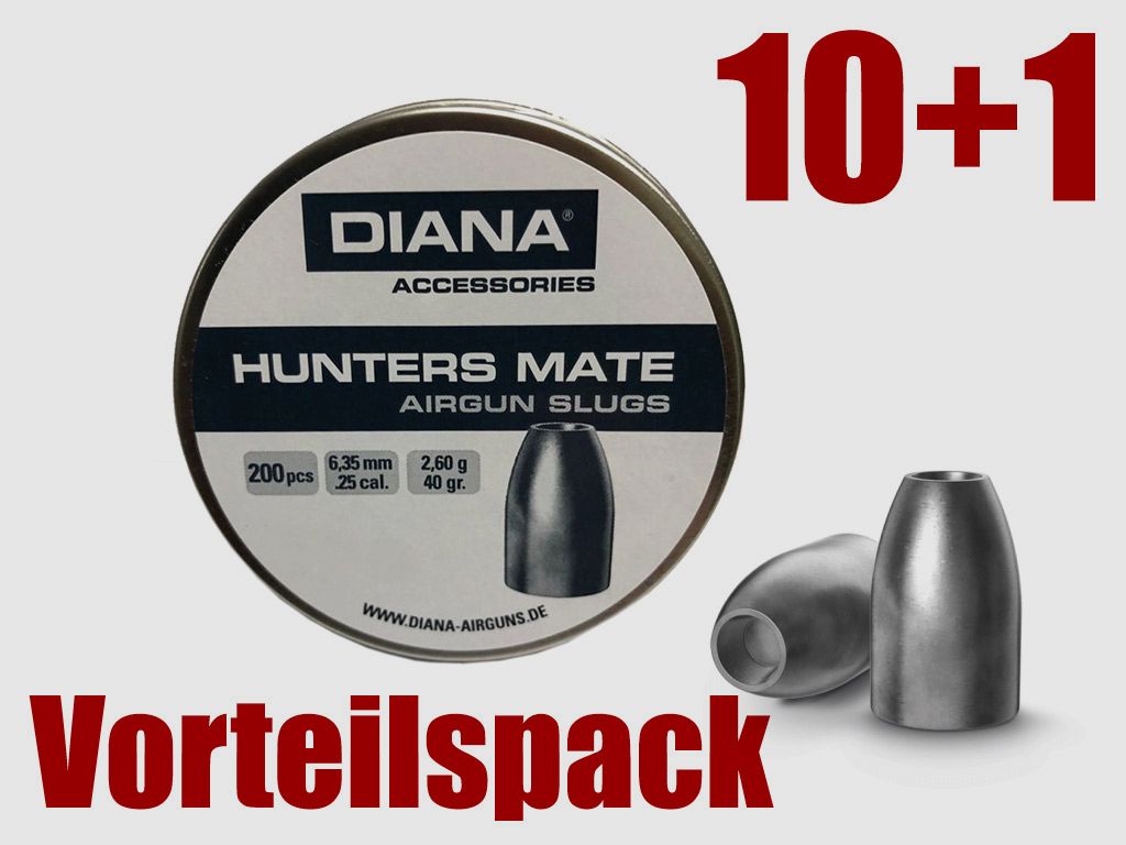 Vorteilspack 10+1 Hohlspitz Diabolos Diana Hunters Mate Airgun Slug Kaliber 6,35 mm 2,6 g glatt 11 x 200 StĂĽck