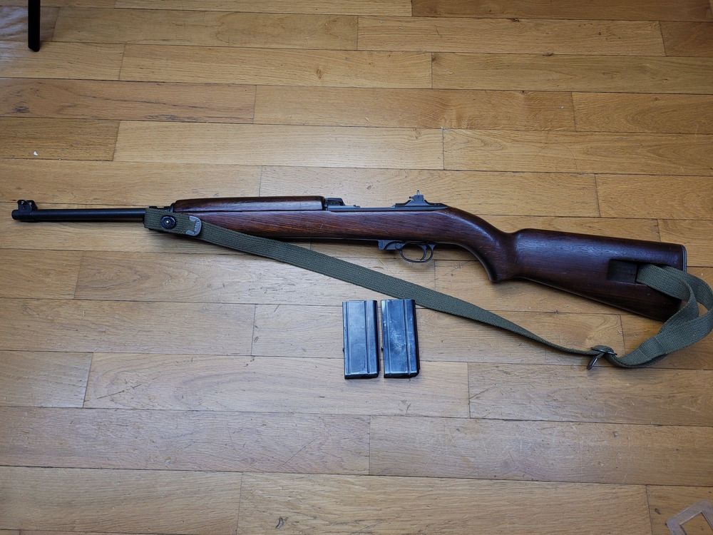 Peu courante Carabine USM1 en configuration d&rsquo;origine 2°GM – Cal .30 M1 d&rsquo;origine aussi – Fabrication INLAND de janvier 1944 – Tombée de la Jeep ! – 2 chargeurs 15 coups en pochette de 1943- Bretelle – Très bon état mécanique et esthétique – Rare configuration d&rsquo;origine et en TBE+ !, image 24 sur 35