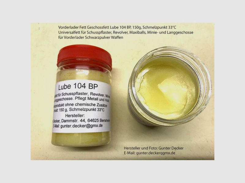 Vorderlader Fett Geschossfett Lube 104 BP 150g Schusspflaster Revolver Maxiballs Minie Langgeschosse