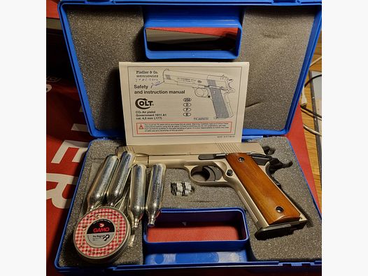 Government 1911 A1, Co2 Diabolos 4,5 mm, seitl. verstellb. Kimme mit Schlüssel, nickel, Holzgriffschalen, 6 zoll