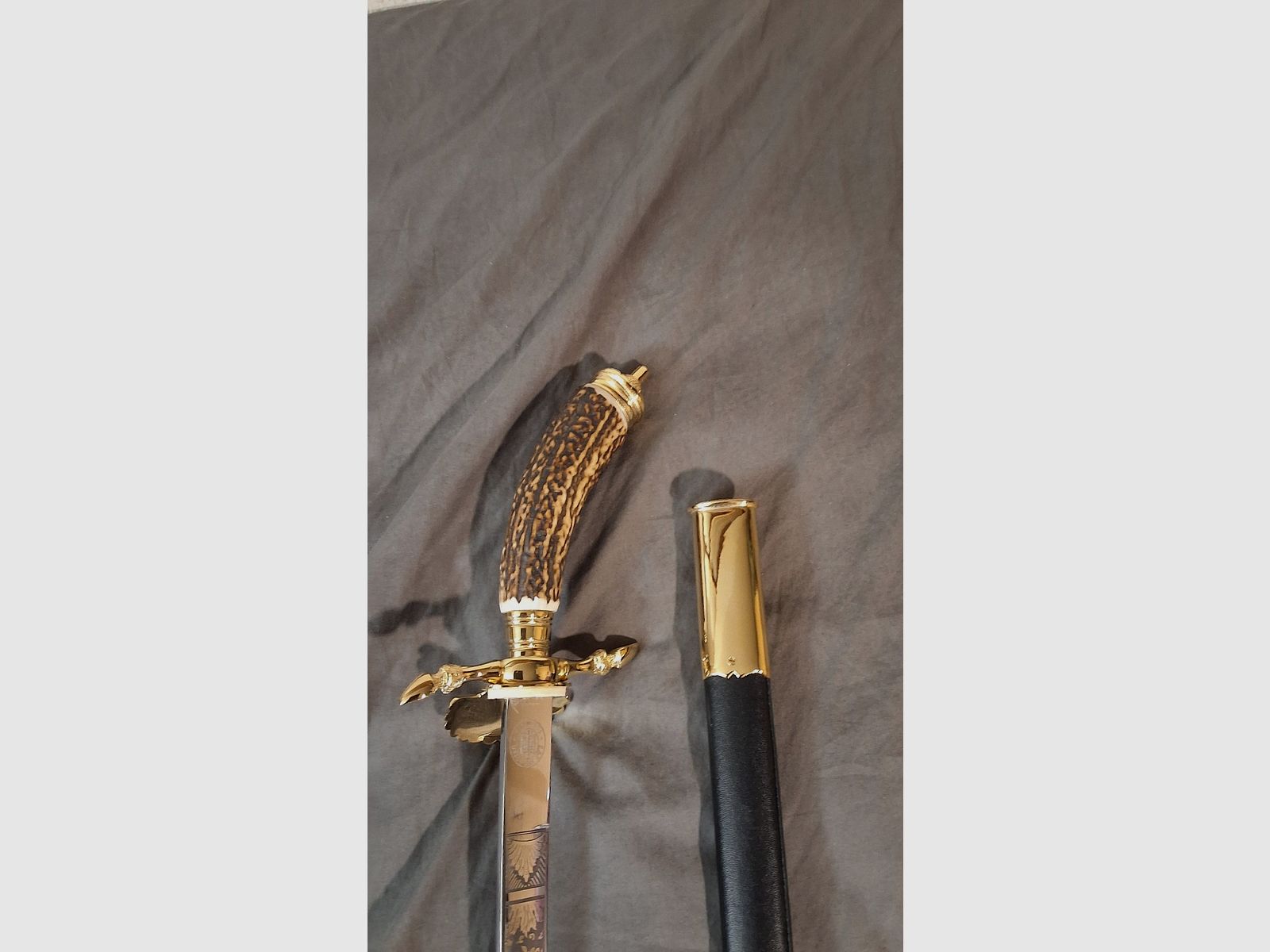 NEU -  1 Hirschfänger  -  50 cm -  24 k - Hirschhorn, immagine 4 di 6
