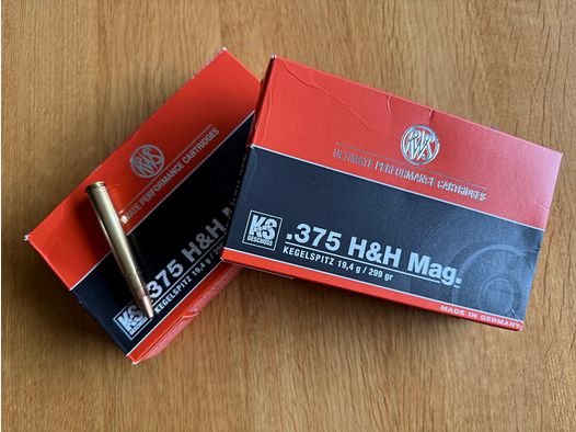 36 nabojów RWS Kegelspitz w kalibrze .375 H&H Mag z jednej partii