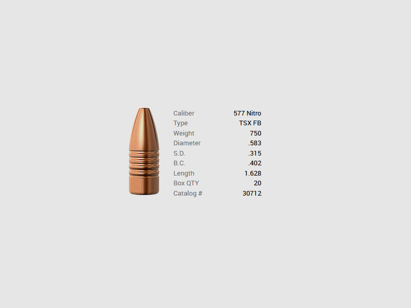 Proiettile Barnes .577 Nitro/.583 750GR TSX HP FB 20 pezzi, immagine 1 di 2