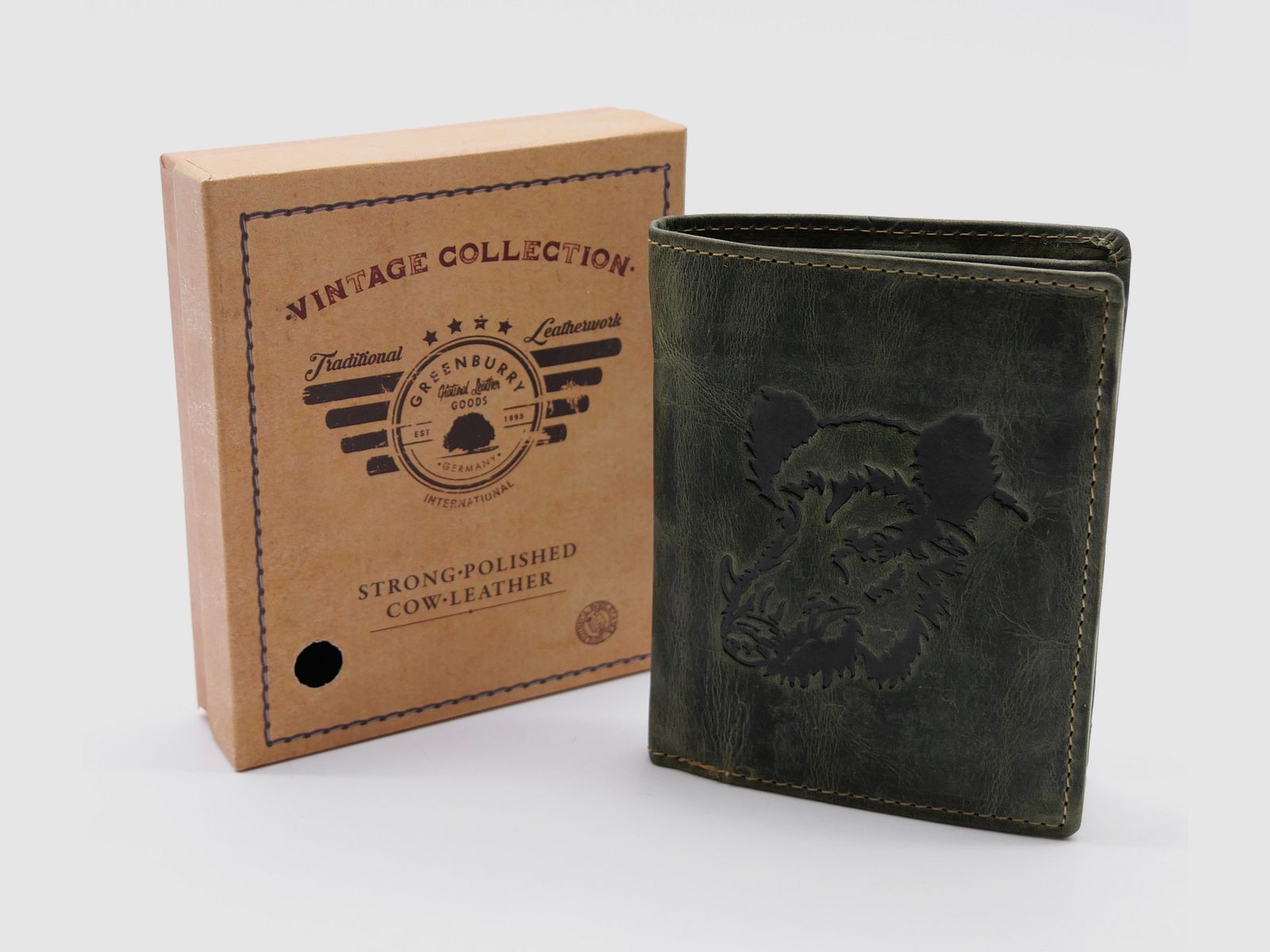 Greenburry Leder Geldbörse oliv Vintage Animal Collection Royal Stag Keiler 1701-wildboar-30